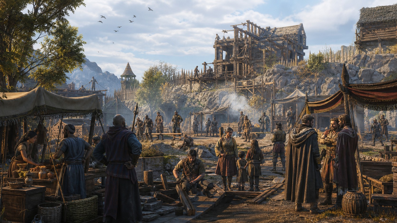 Large sandbox settlement with workers guards travelers families and faction leaders interacting