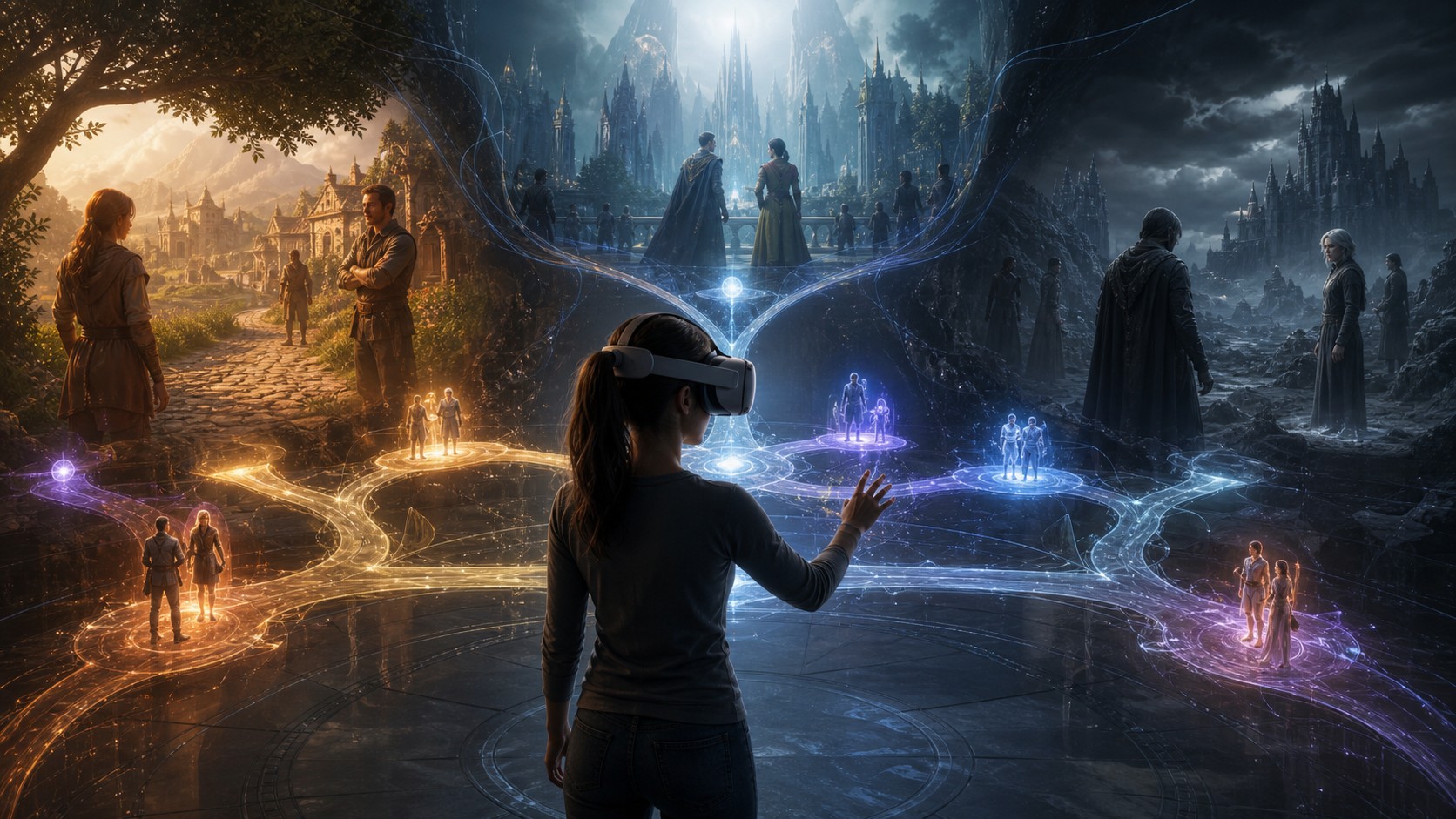 VR player viewing changed story environments and character relationships shaped by prior choices