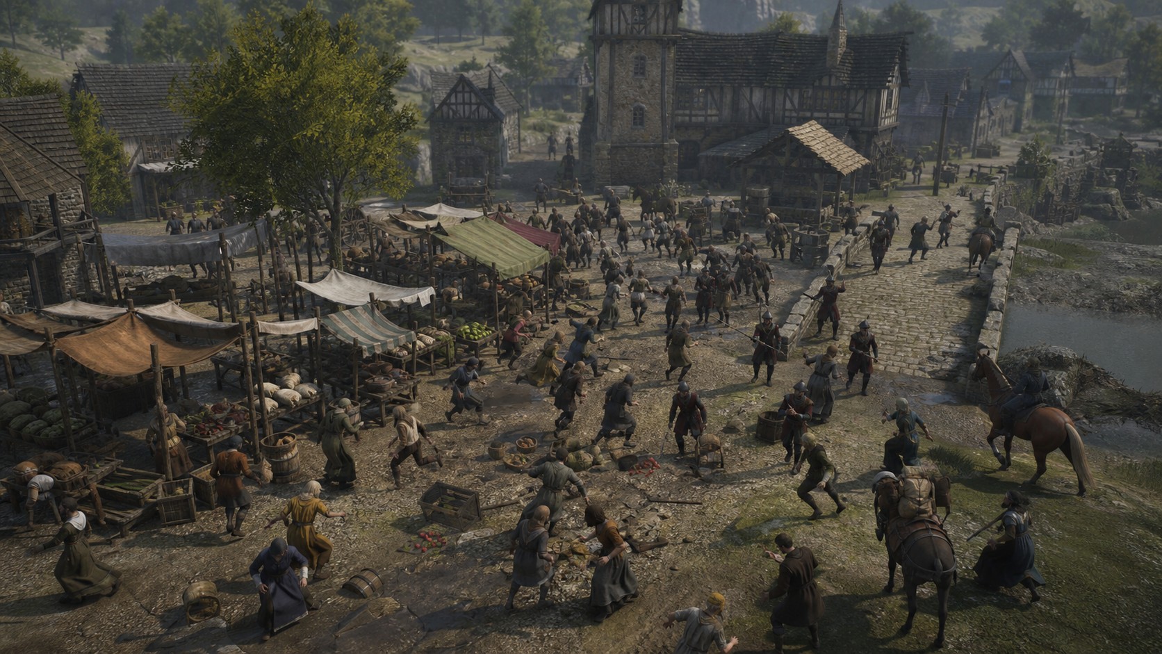 Sandbox town where small NPC actions combine into a surprising market disruption