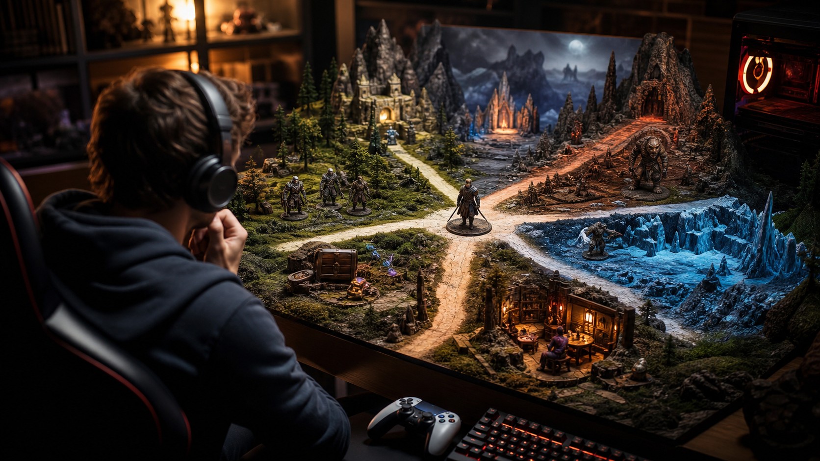 Player-centered PC and console game world with personalized paths rewards and story scenes