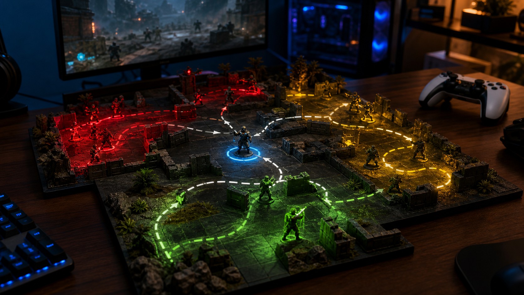 PC and console tactical game board with real-time skill adaptation paths and enemy pressure