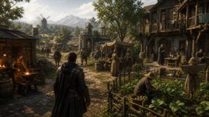 Unbranded game settlement with NPCs blacksmithing guarding farming trading teaching traveling and resting