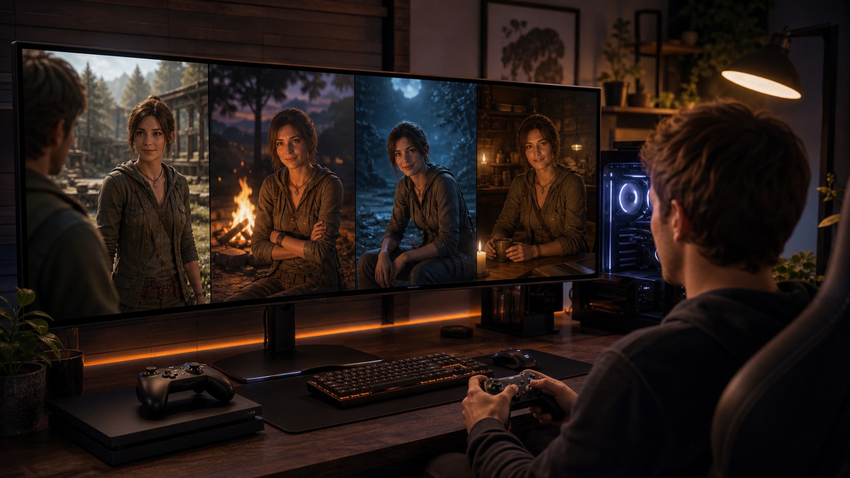 Unbranded game companion character adapting to player choices on a modern PC and console setup