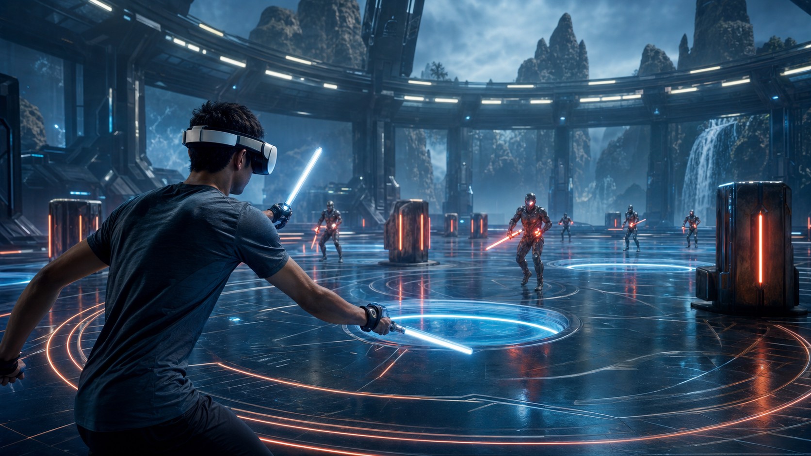 VR player training in an adaptive arena with obstacles opponents and recovery zones spaced for comfort