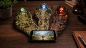 Mobile game scene with branching beginner intermediate and expert challenge paths