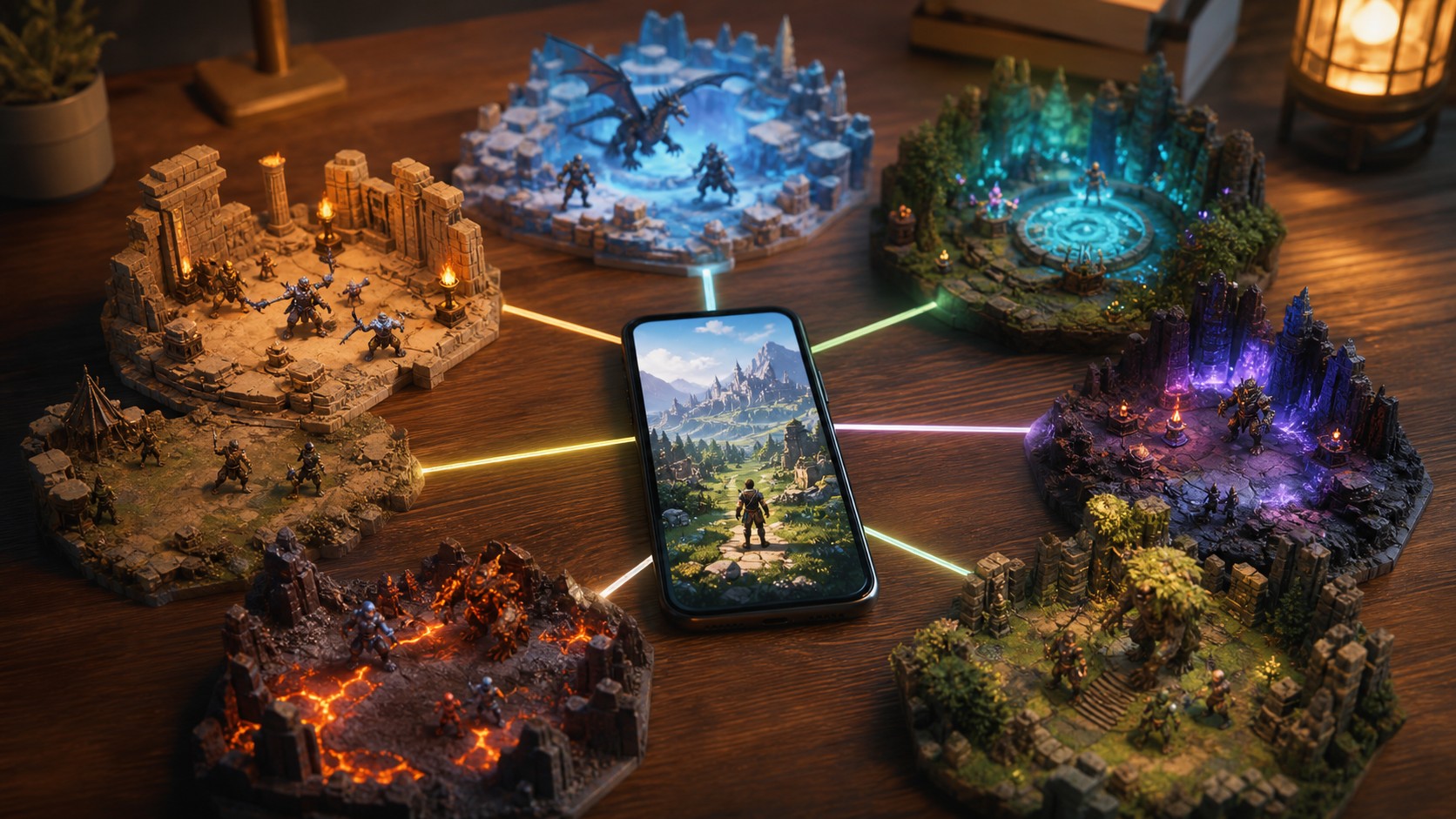 Mobile game device connected to several distinct miniature playthrough worlds