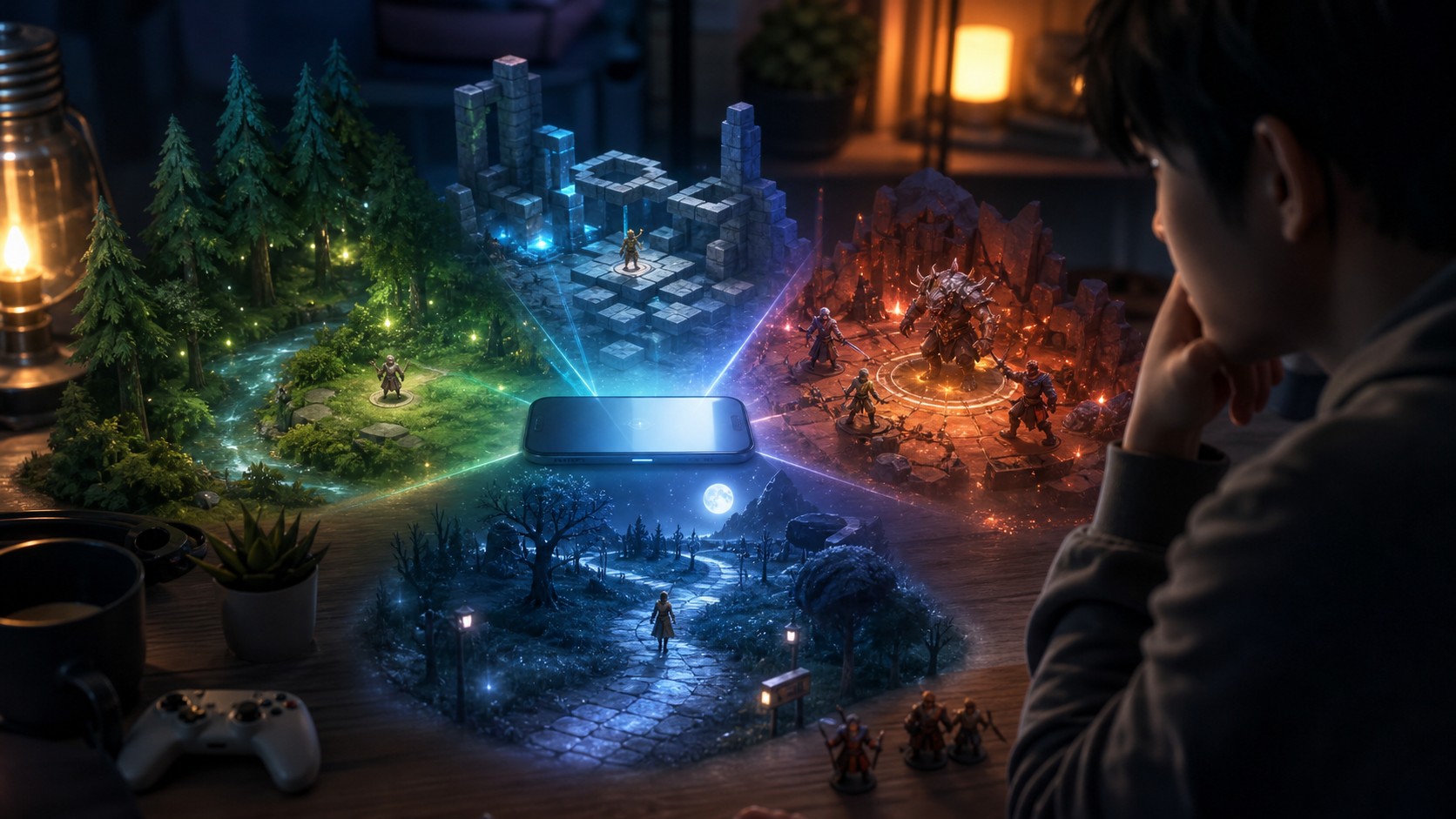 Mobile game scene projecting calm focused energetic and reflective level environments