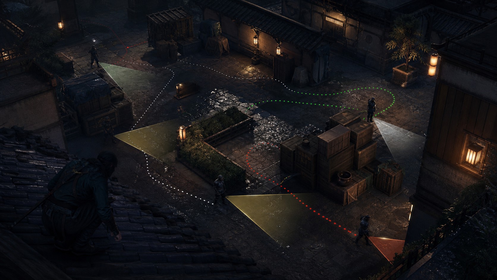 Stealth game scene with guards patrol light cones hiding spots and sound distraction routes