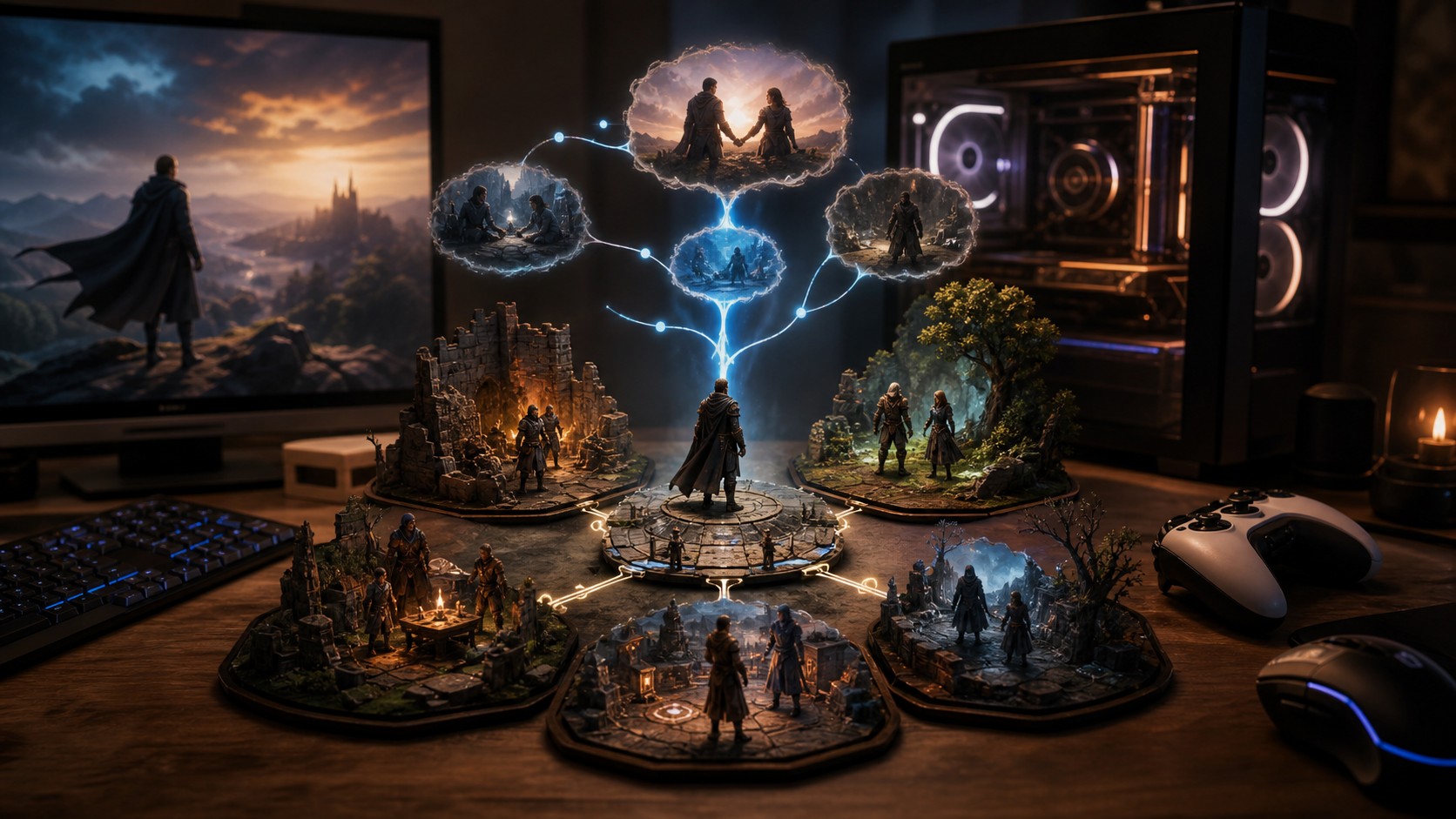 PC and console story diorama with branching memories choices and reactive character scenes