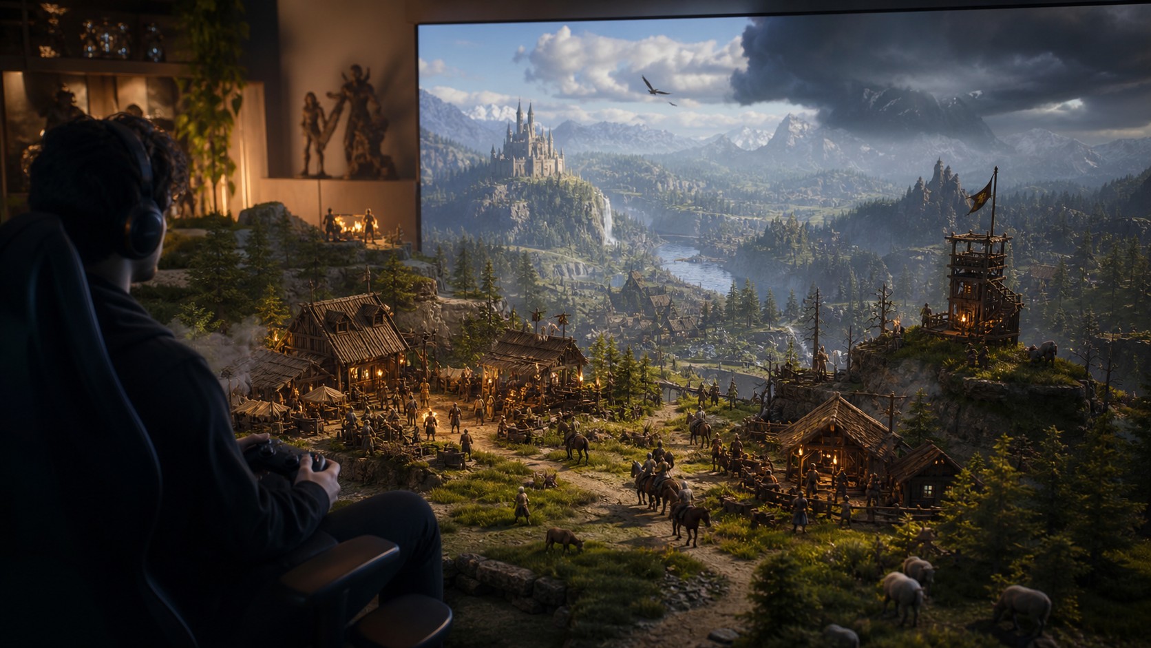 Open-world PC and console game landscape with townspeople wildlife patrols and weather routines