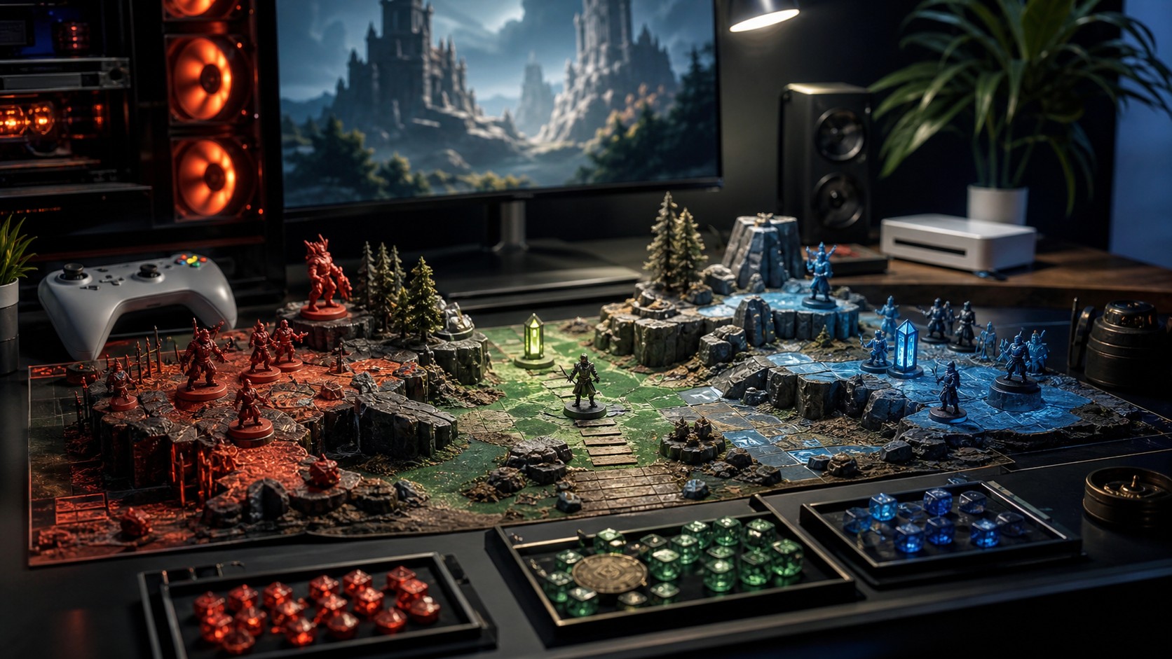Balanced PC and console encounter diorama with player resources enemy pressure and difficulty lanes