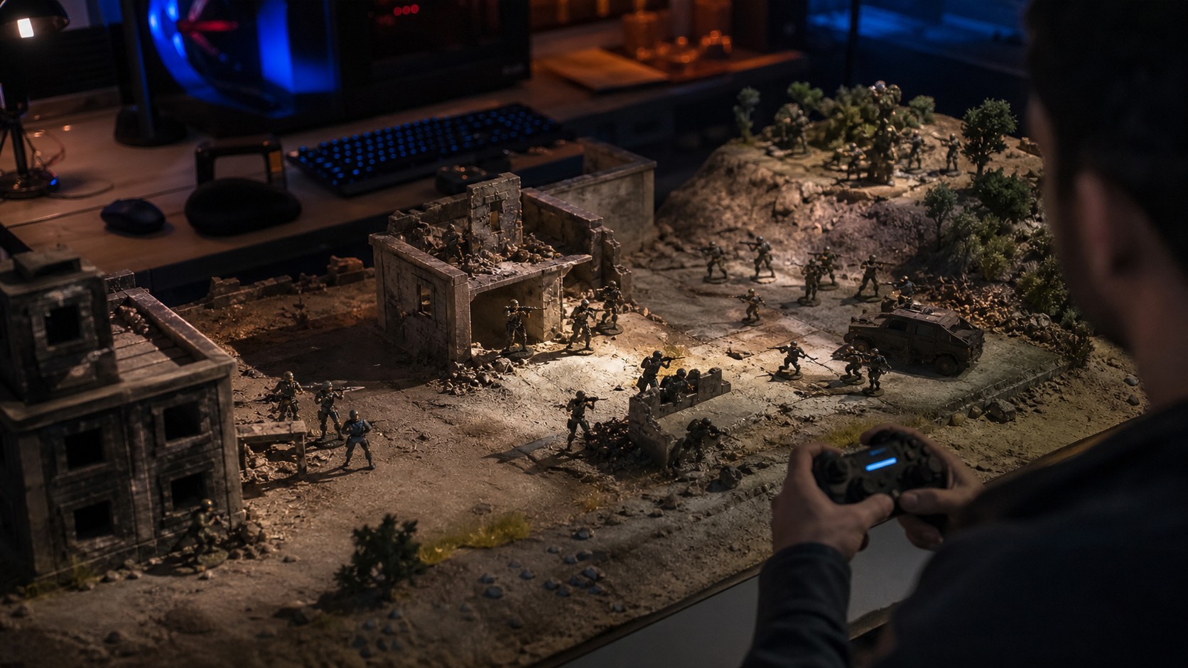 Tactical PC and console combat diorama with enemy squads flanking searching and coordinating