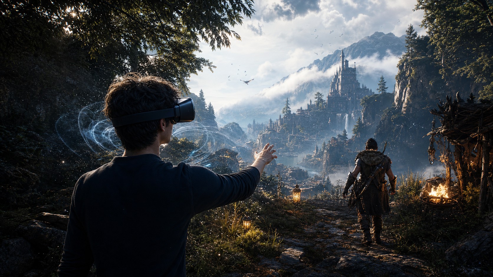 VR player entering an unbranded fantasy landscape where characters weather and surroundings respond