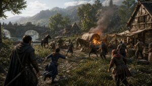 Unbranded sandbox scene where NPCs guards merchants travelers and wildlife create an unscripted event