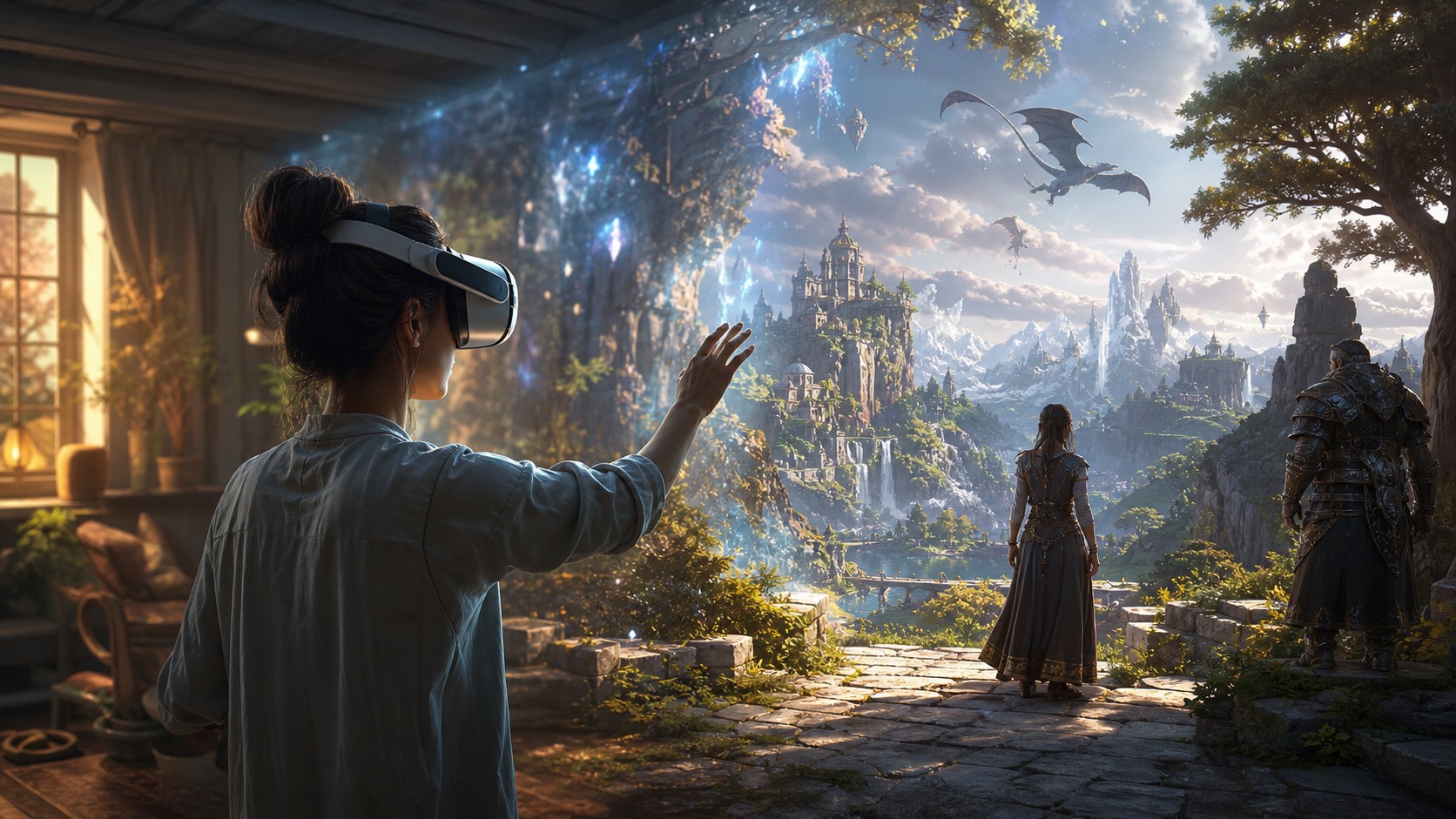 VR player reaching into an adaptive fantasy environment that responds to movement and attention