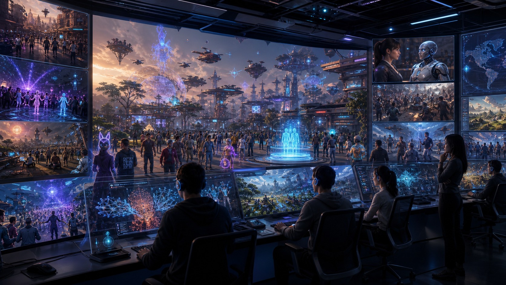 Unbranded metaverse hub where AI manages crowds events NPCs recommendations and moderation behind the scenes