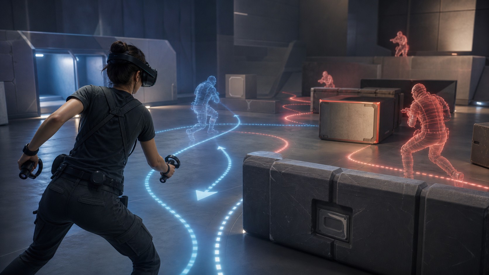 VR player moving through a training space with implied future paths and adaptive enemy positions