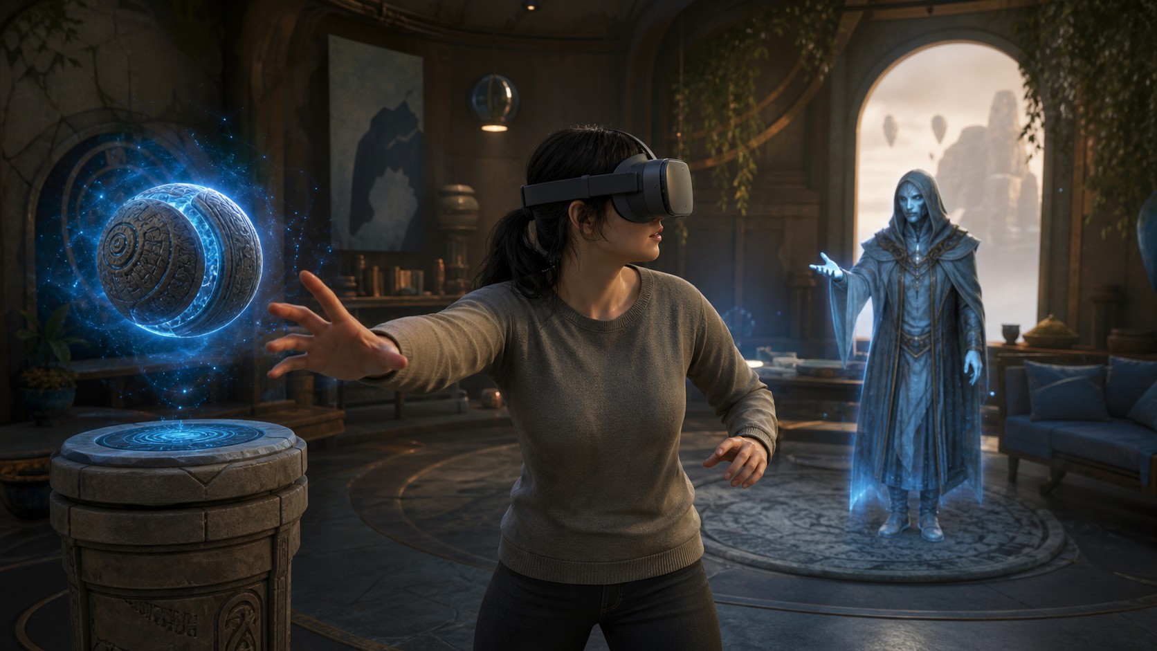 VR player reaching for an object while a character responds to gesture gaze and posture