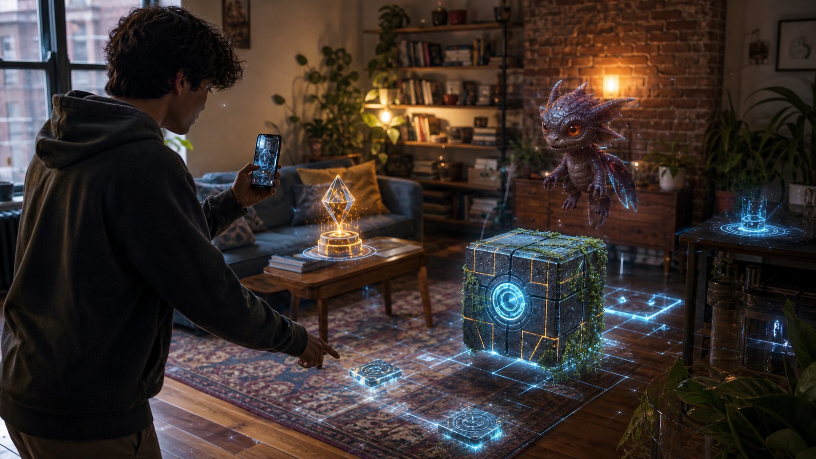 Unbranded AR game blending virtual creatures and puzzle objects into a real room
