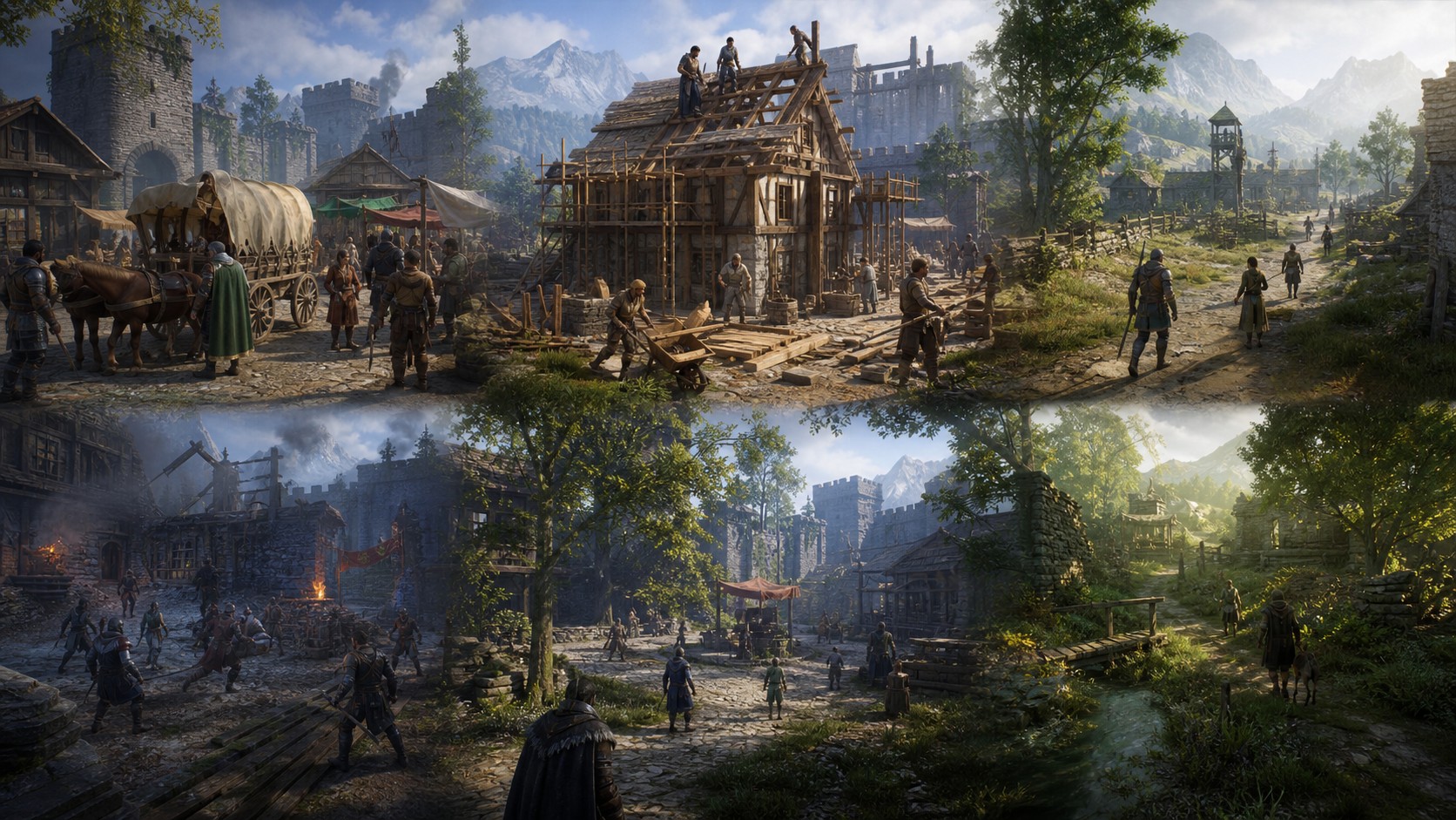 Sandbox town changing through independent NPC routines construction travel and reactions