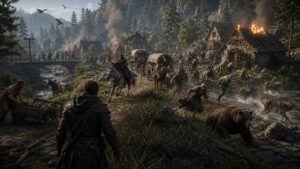 Unbranded sandbox world where autonomous NPC decisions trigger unexpected trade guard and wildlife events