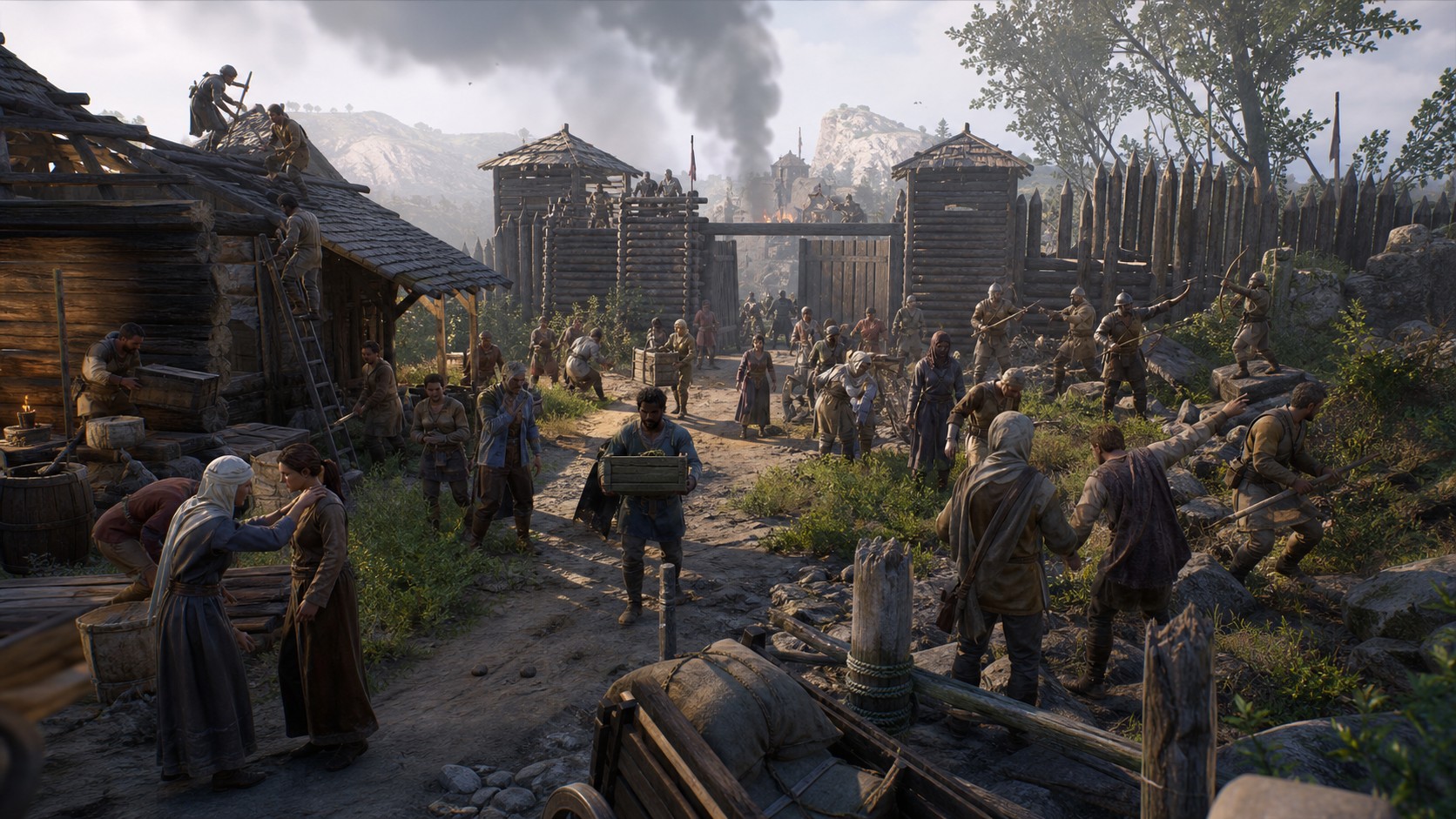 Sandbox settlement disruption where NPCs move supplies calm townspeople defend and repair