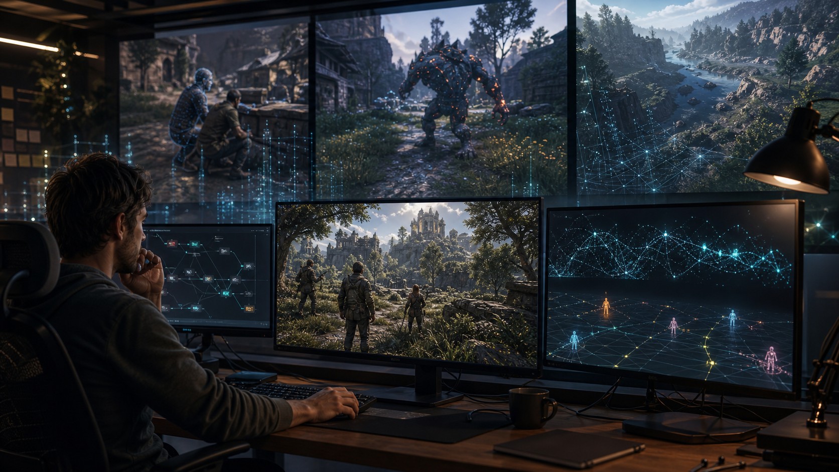 Unbranded game development environment showing smarter enemies companions and terrain behavior