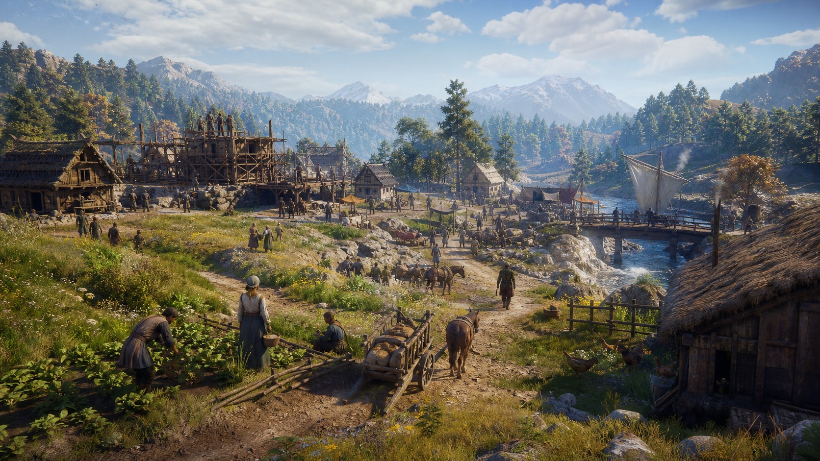 Sandbox settlement where NPC routines trade construction travel and social behavior adjust over time