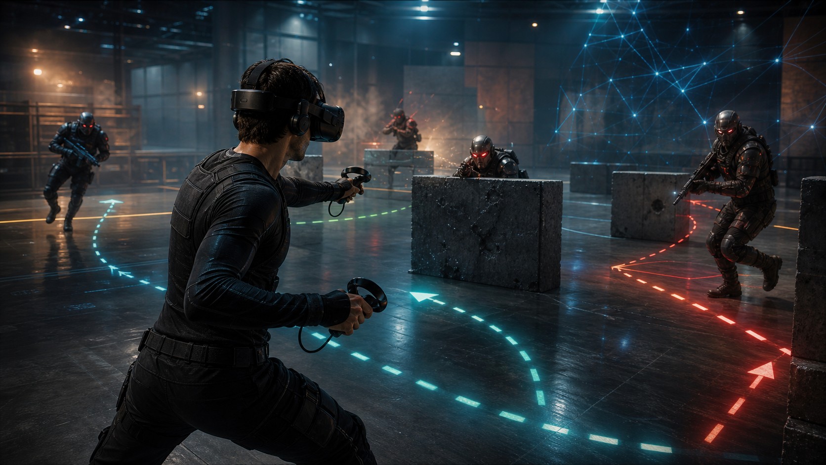 Unbranded VR combat scene with enemies adapting tactics around player movement and cover
