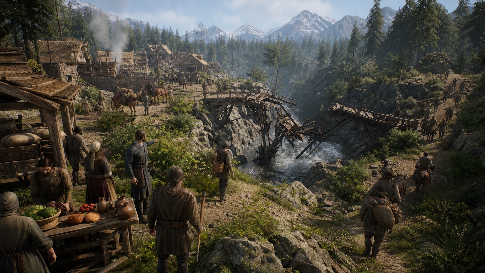 Sandbox settlement where NPCs reroute supplies and travel around a damaged bridge