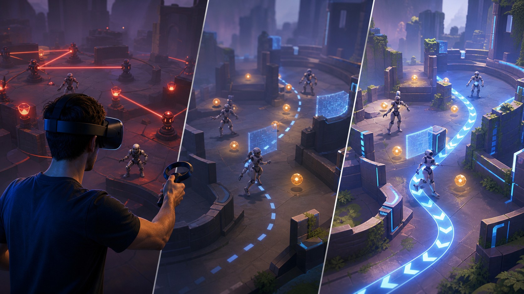 VR player training with virtual agents whose routes and rewards change after repeated attempts