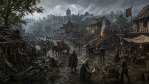 Unbranded sandbox town continuing with workers guards traders and villagers while player is absent