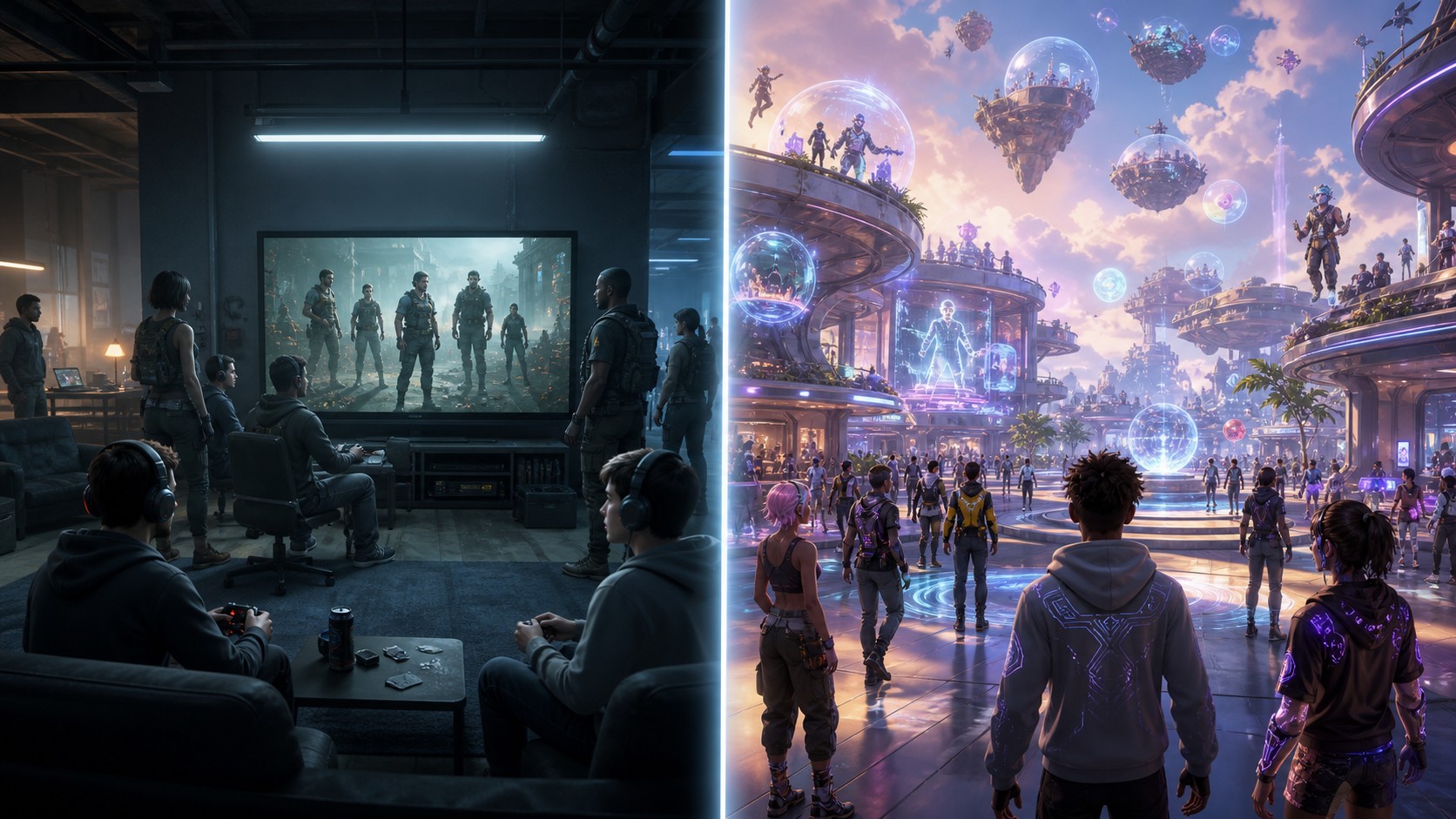 Unbranded comparison between a traditional online game lobby and a connected metaverse ecosystem