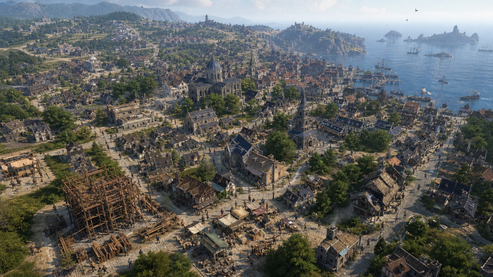 Large sandbox city expanding through NPC construction markets roads neighborhoods and public spaces