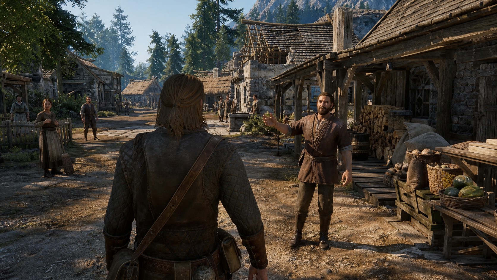 Sandbox NPC recognizes a returning player in a village with changed body language and surroundings