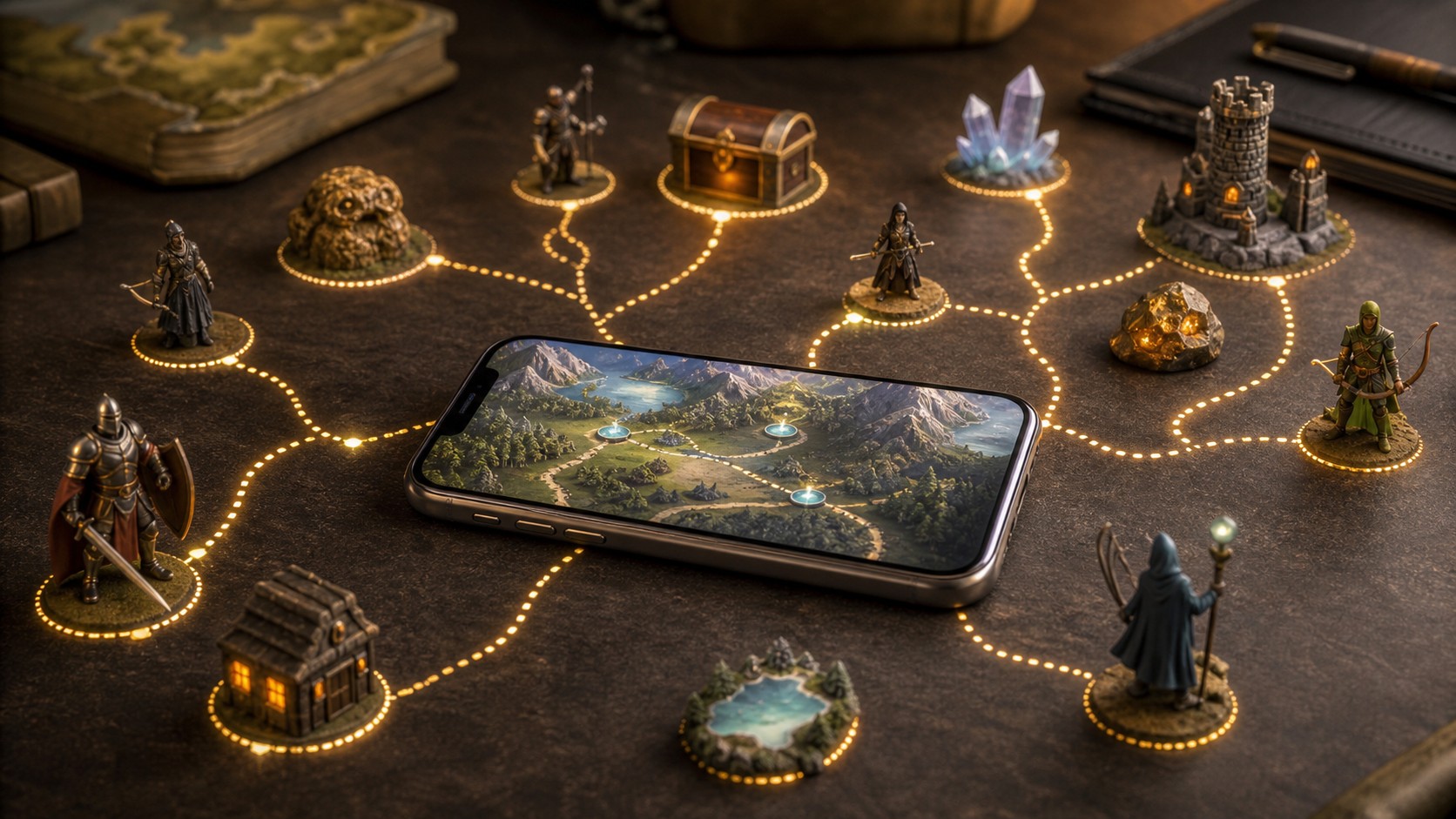 Mobile game world with branching personalized quest paths and fantasy mission pieces