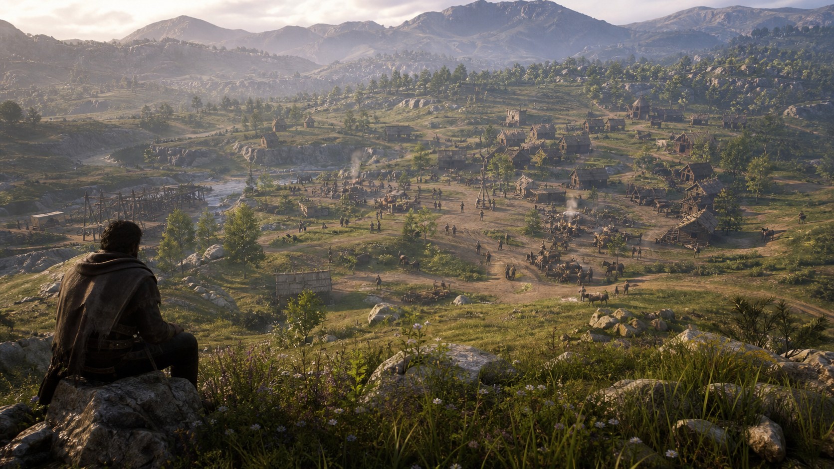 Player overlooking a sandbox settlement where NPCs work travel trade and gather independently