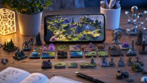 Mobile game world assembled from many miniature tiles and content pieces on a studio desk