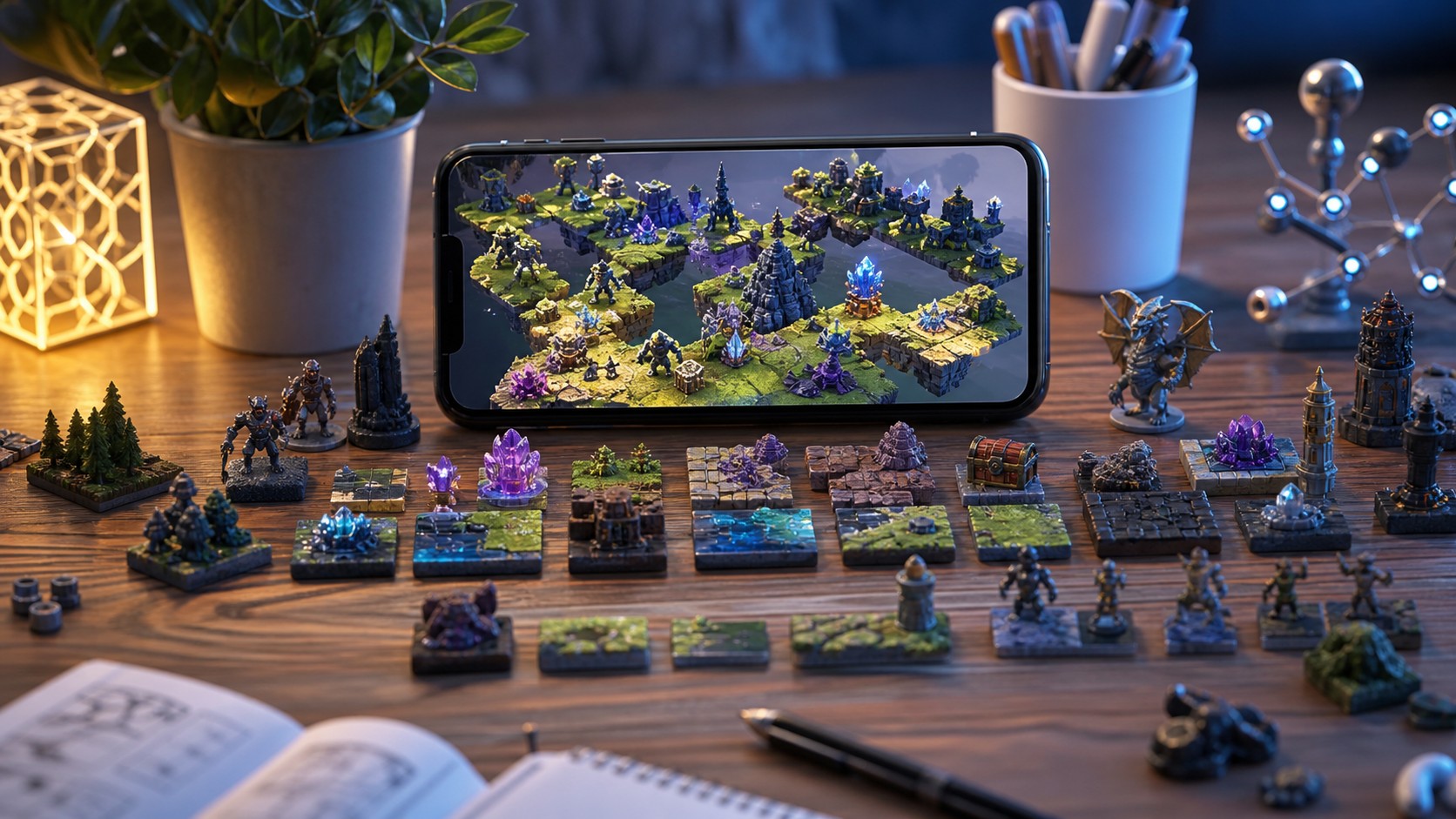 Mobile game world assembled from many miniature tiles and content pieces on a studio desk