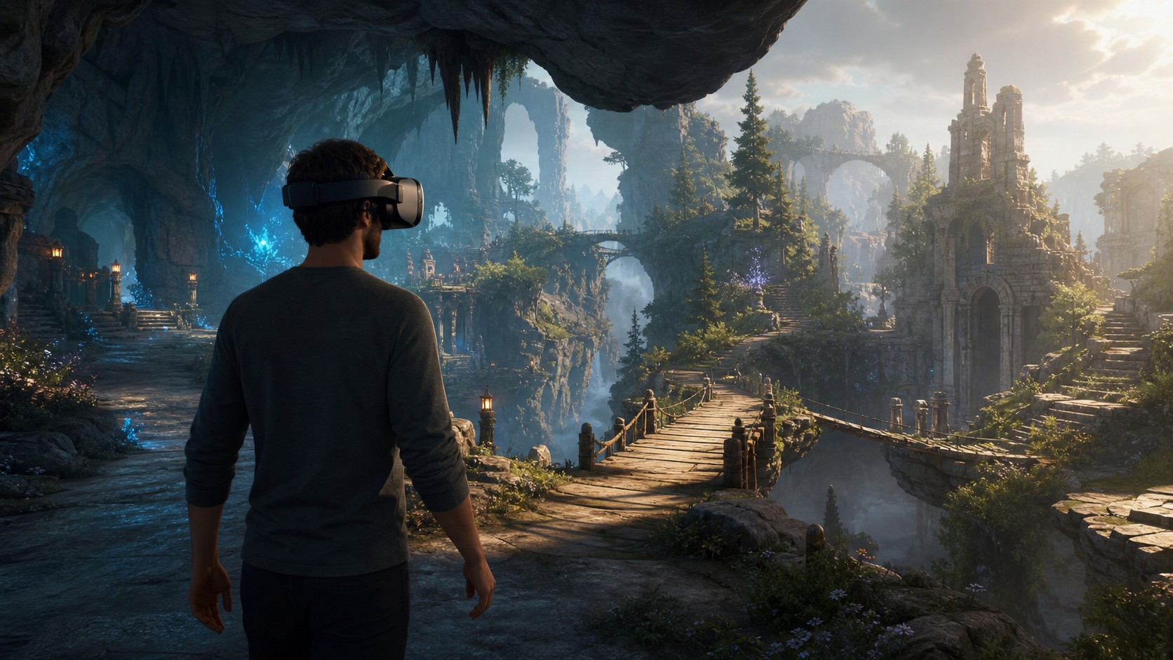 VR player exploring a coherent procedural world of caves bridges forests and ruins