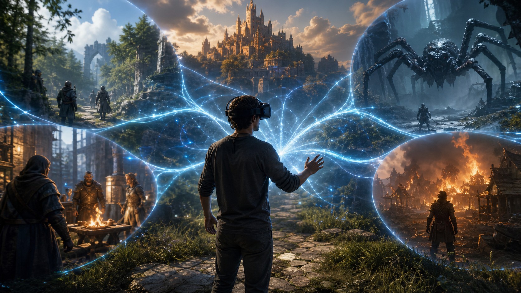 VR player choosing between shifting virtual story paths and character scenes