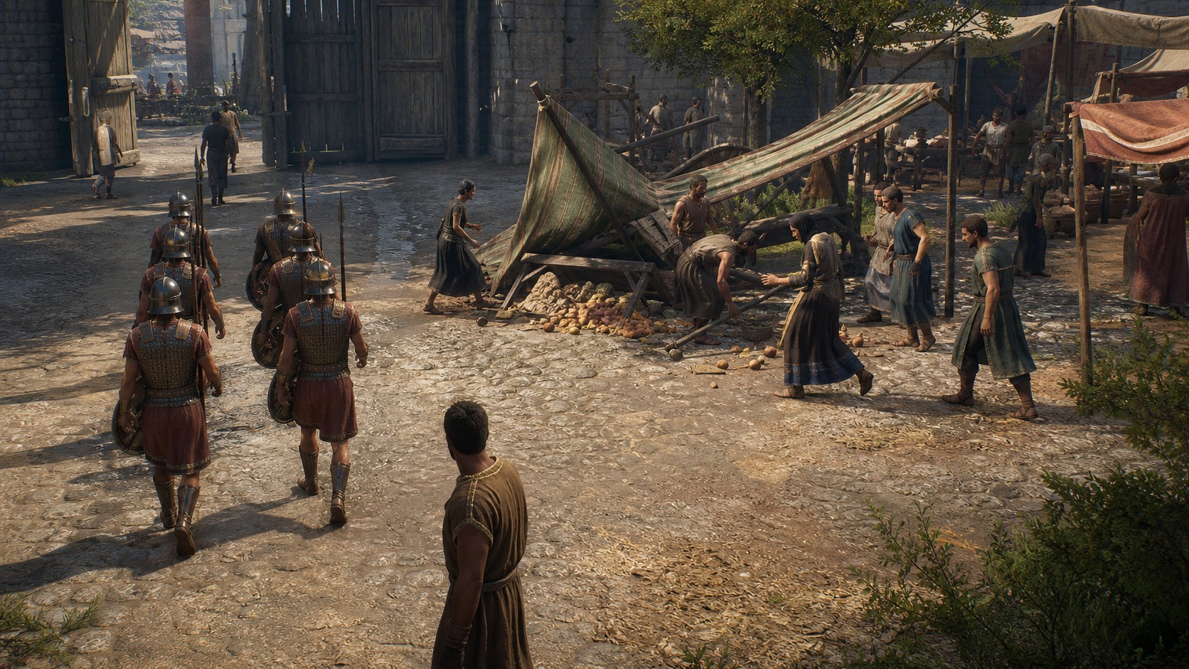Sandbox market where predictable patrols contrast with NPCs adapting to a collapsed stall