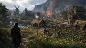 Unbranded sandbox village where NPCs farm trade defend repair and react independently