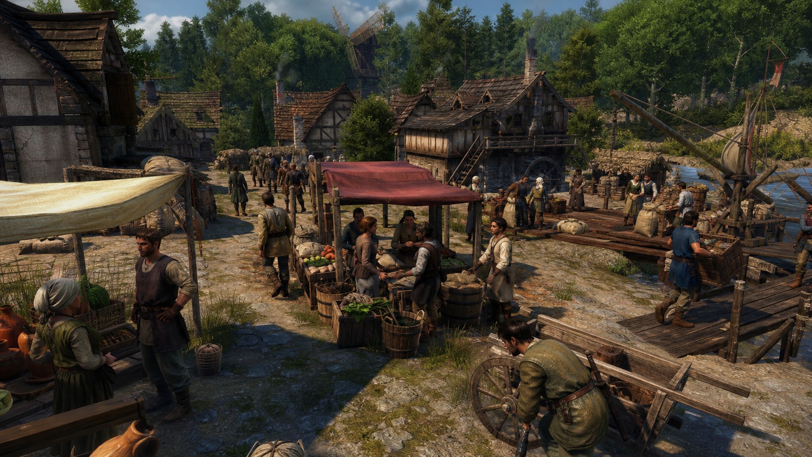 Sandbox town economy with NPCs harvesting transporting trading storing and repairing goods