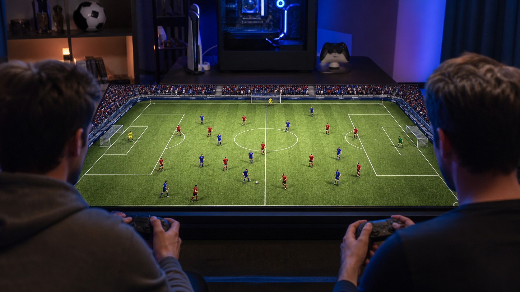 Sports game field with plain-uniform players using realistic team positioning and tactics