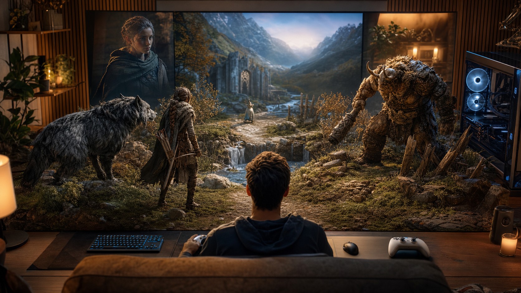 Single-player PC and console scene with companion character reactive enemy and story choice diorama