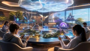 Future mobile gaming lounge with connected adaptive game worlds and unbranded handheld devices