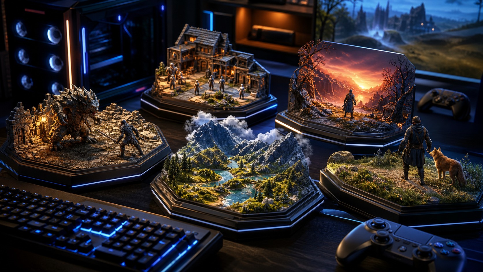 PC and console gaming desk with dioramas of adaptive enemies living worlds and reactive stories