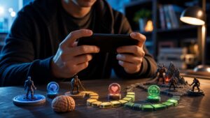 Mobile player with game pieces symbolizing attention challenge emotion and adaptive feedback