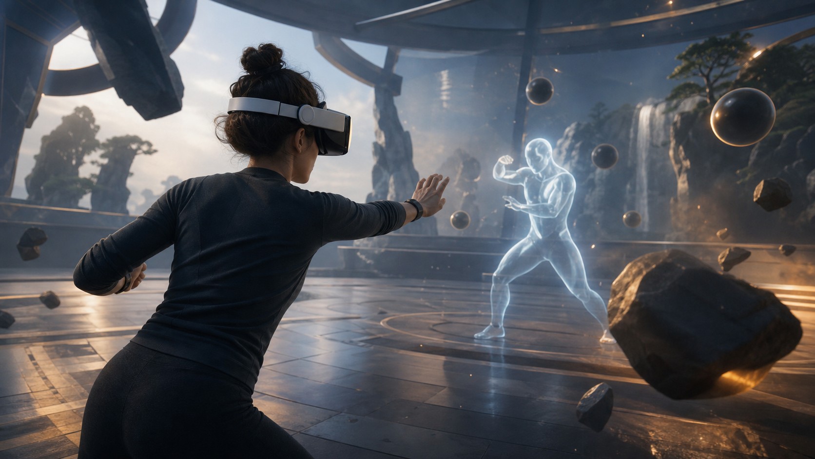 VR player in a responsive training arena where challenge and spacing react to posture